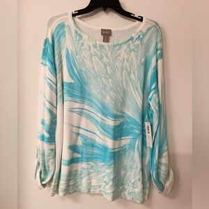 NWT Chico's blue and white ocean swirl print tunic top Size 2 Large shirt beachy